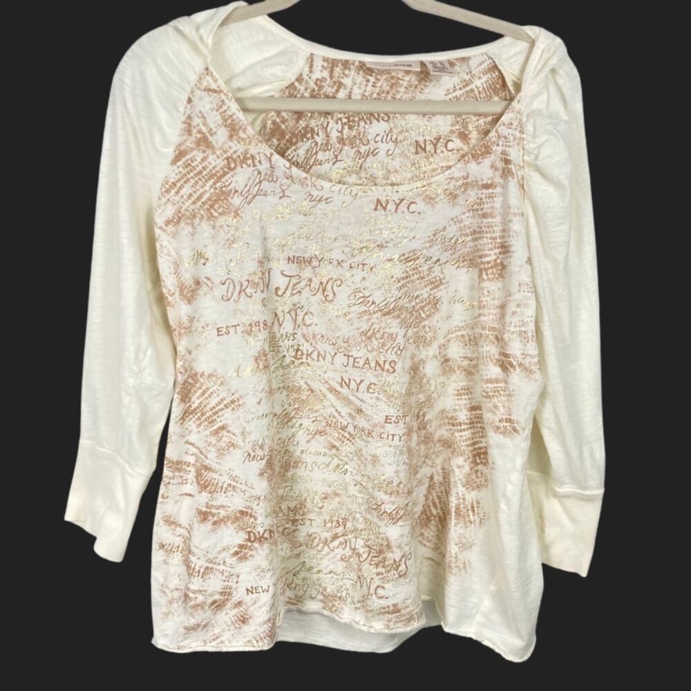 Vintage Y2K DKNY Cream Graphic Print Slim Hooded T-Shirt Womens L/XL Skater